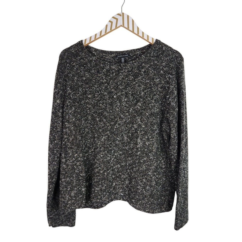 EILEEN FISHER Sweater Womens Large Black Organic Cotton Linen Boat Neck Knit